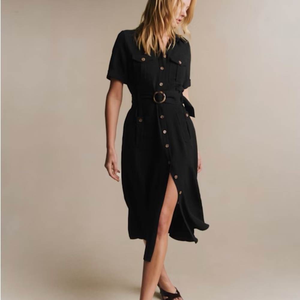 Sezane Raquel Black Midi Shirt Dress with Belt